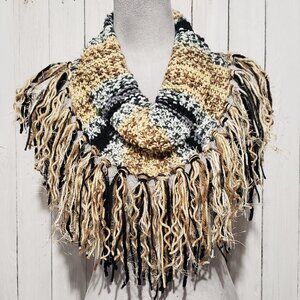NEW Hand Knitted Cowl Scarf Beige Black Boho Hippie Festival Western Tribal Mod